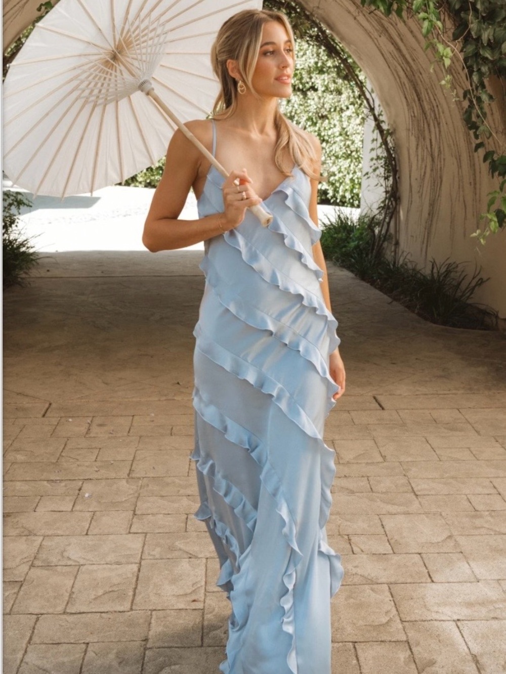 Show Me Your MuMu Romance Ruffle Dress - Steel Blue Luxe Satin Size Small